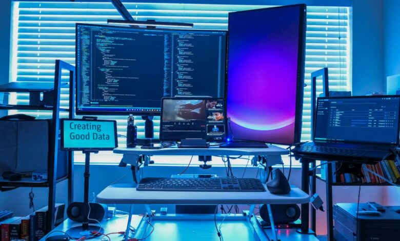 a desk with several computers